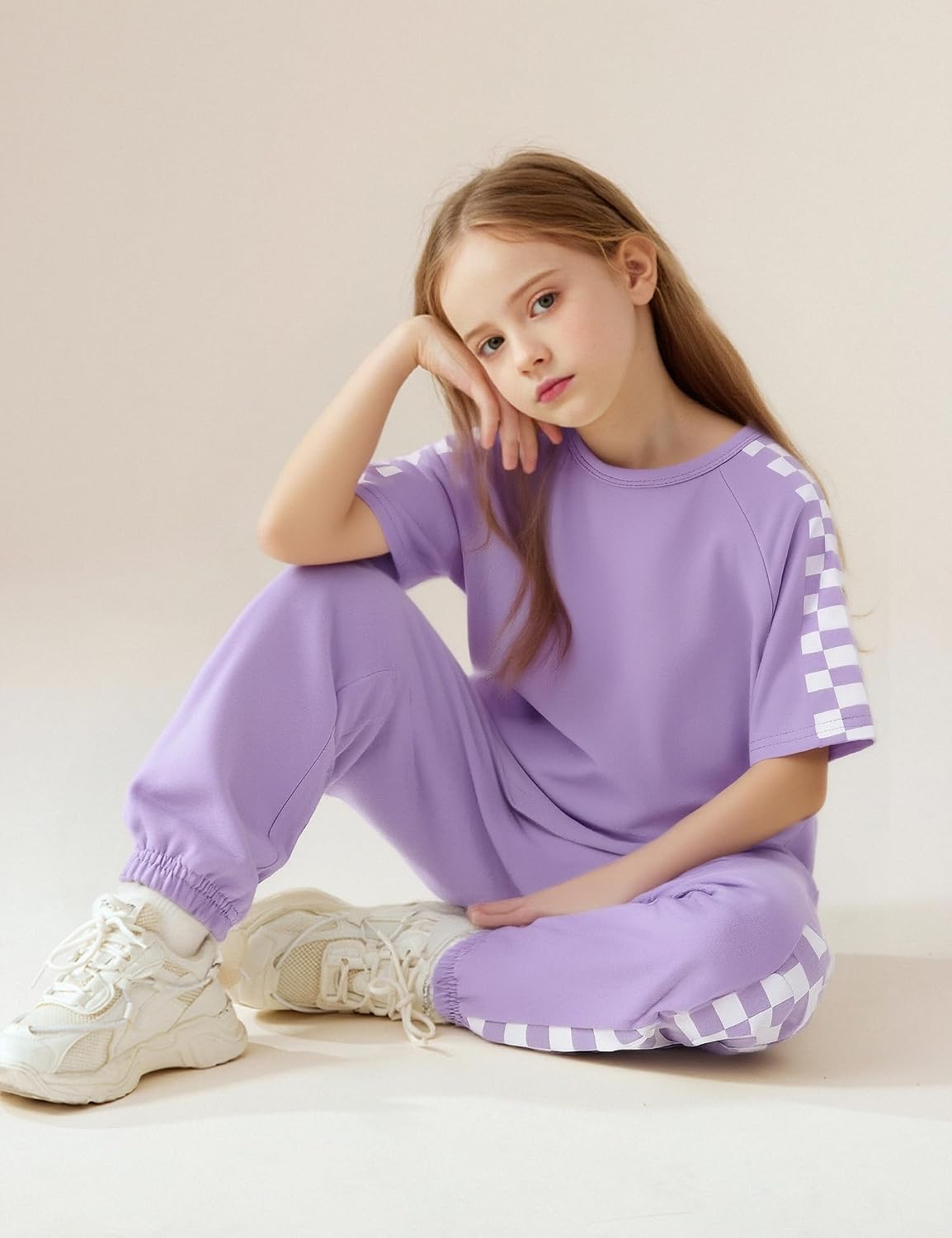 Girls Clothes Outfits Set Checkerboard 2PC Tracksuit Short Sleeve Raglan Tee and Joggers Pants for 4-16Y