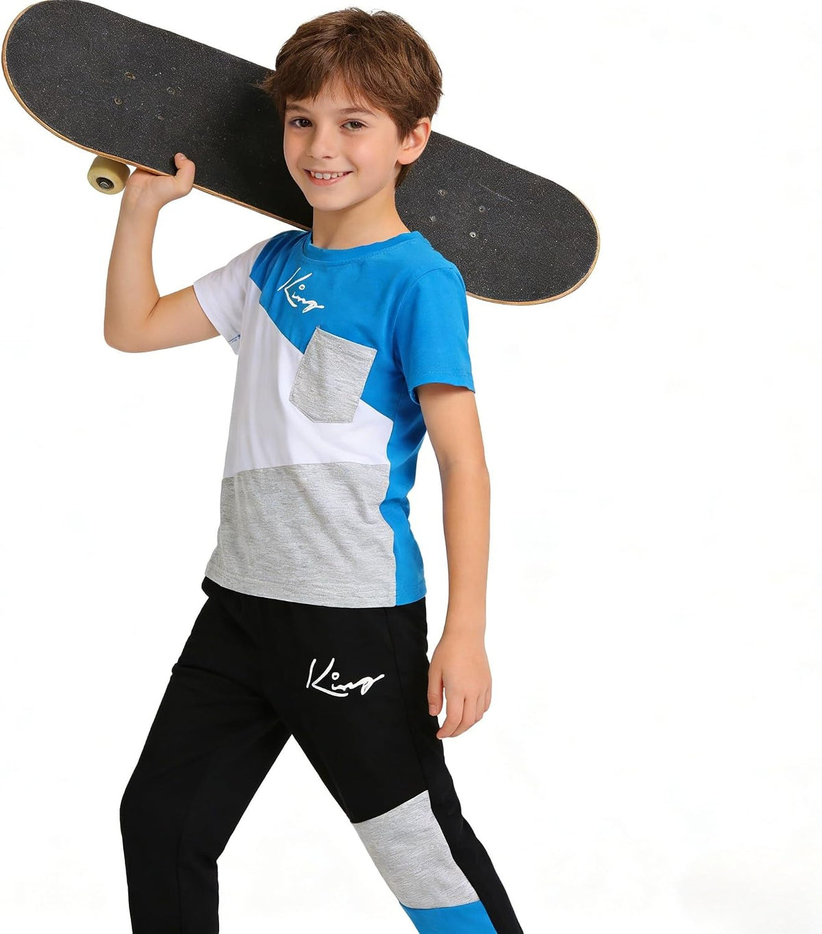 Axumity Tween Boys' 2-Piece Casual Outfit Spring Summer Short Sleeve Crewneck Top & Color Block Pants Size 6-13