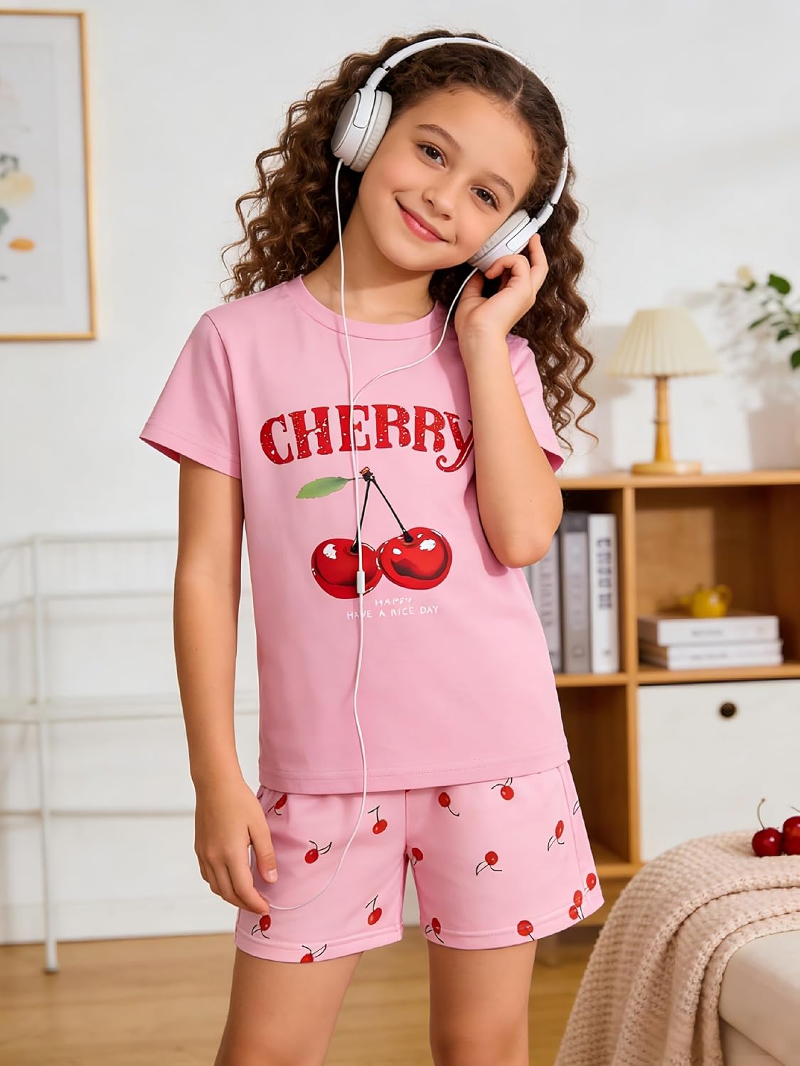 KIDLAGA Girls Two Piece Sets Cherry Pattern Short Sleeve Shirts and Shorts Set With Pockets Girls Summer Outfits Size 7-14