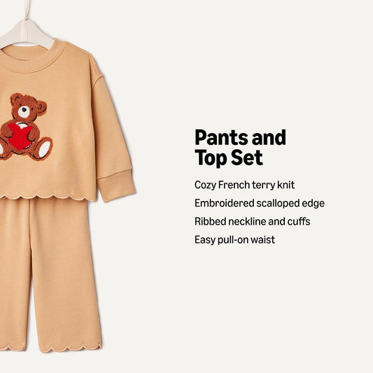 Amazon Essentials x Sofia Grainge Toddlers and Baby Girls' French Terry Sweatshirt Pant and Top Set
