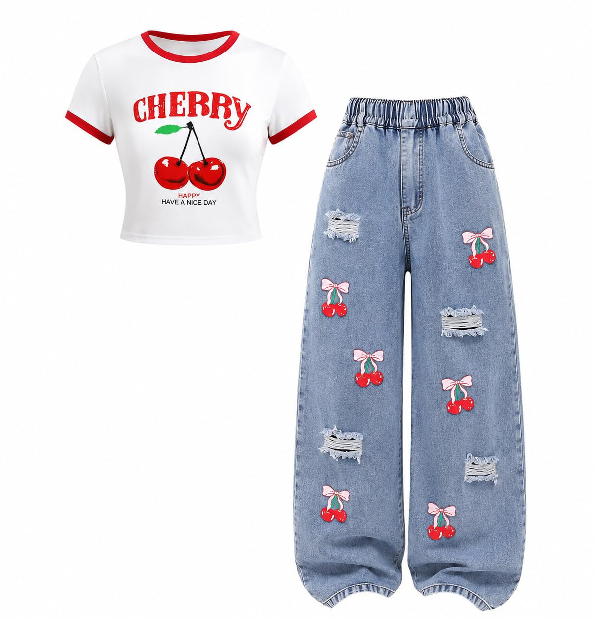 Azmxynol Tween Girl Clothes Short Sleeve Top + Butterfly Design Jeans 2 Pieces Spring Summer Outfit Set, Size 6-16 Years