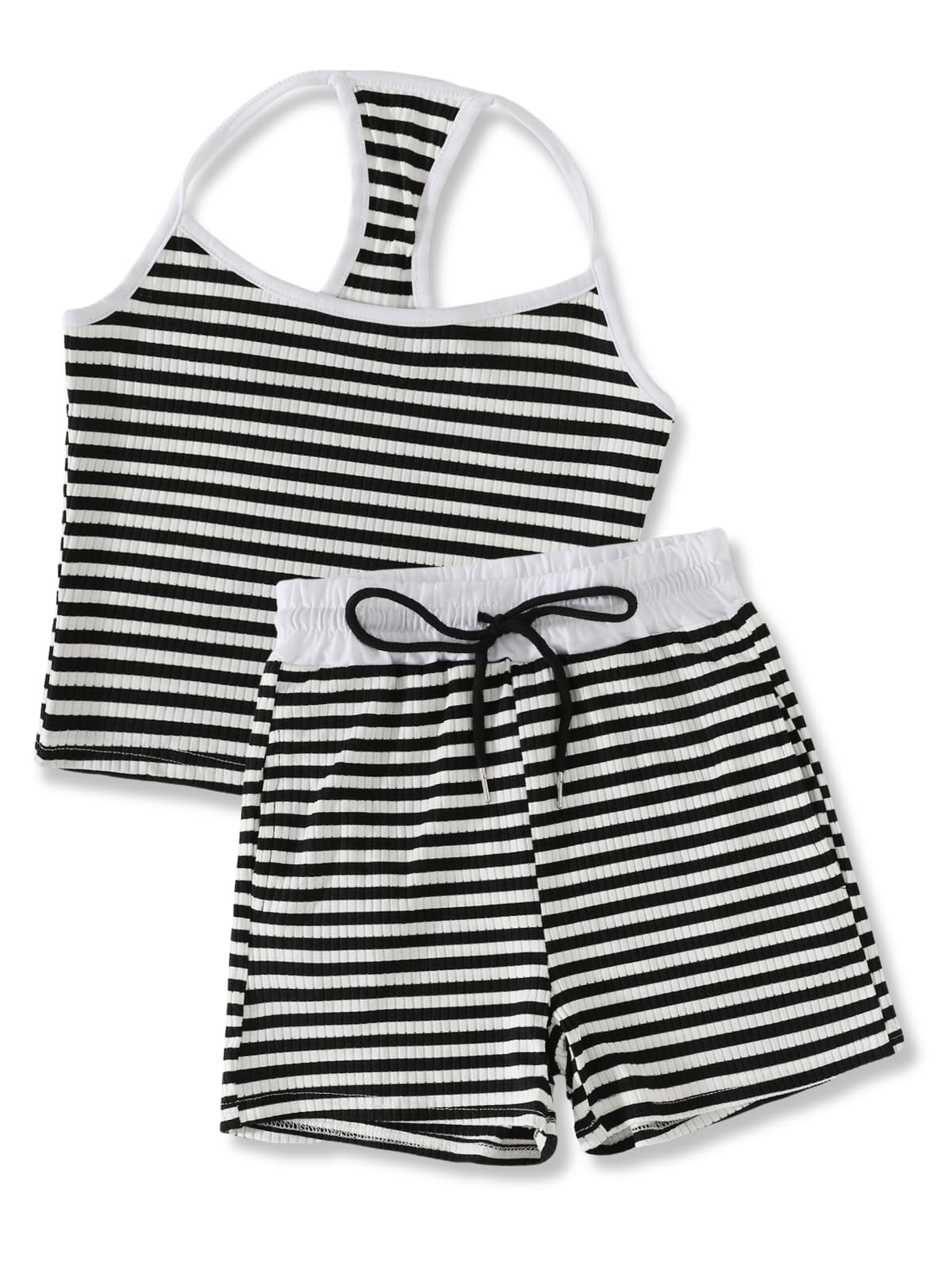 Size 7-14Y Girls Clothes 2 Piece Outfits Striped Tank Top Drawstring Shorts Teen Girls Summer Clothing Sets