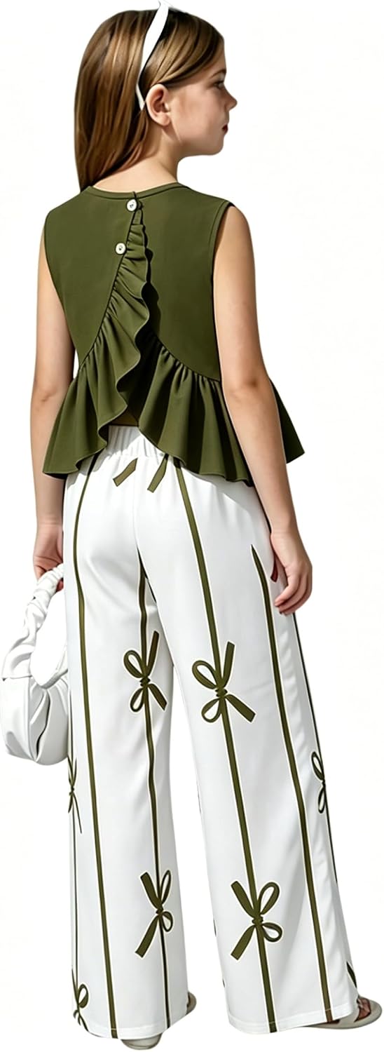 Ayzozuy Girls 2 Piece Outfit Sleeveless Peplum Top and Bow Print Wide Leg Pants Clothes for Tween Girls 7-14Y