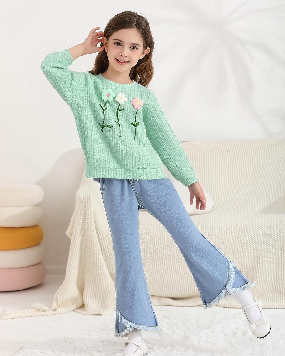 Toddler Girl Clothes Long Sleeve Top and Flare Jeans 2 Piece 2-8Y