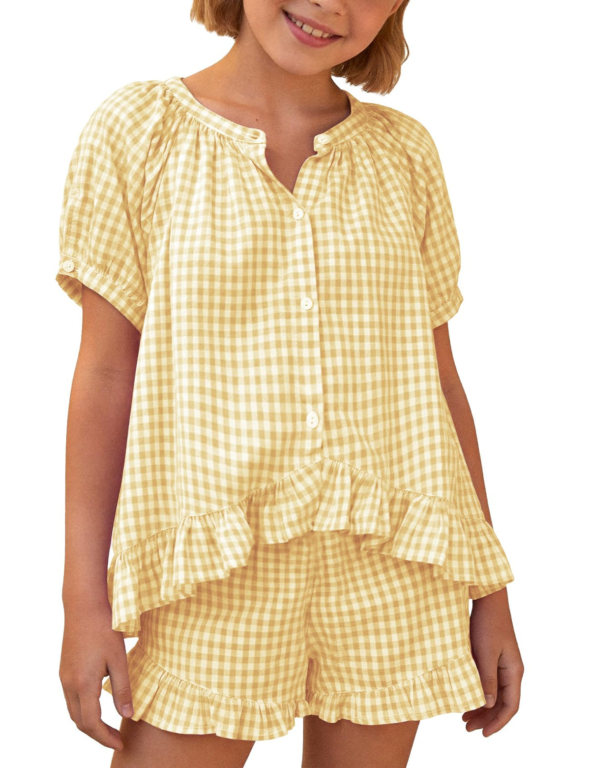Flygo Girls Cotton Gingham Sets Cute Summer Outfits Shorts Set 5-14 Years