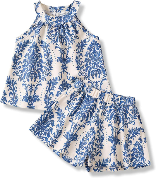 Girls Summer Outfits 2 Piece Halter Neck Floral Sleeveless Top and Short Pants Set Clothes for Kids Size 4-8 Years