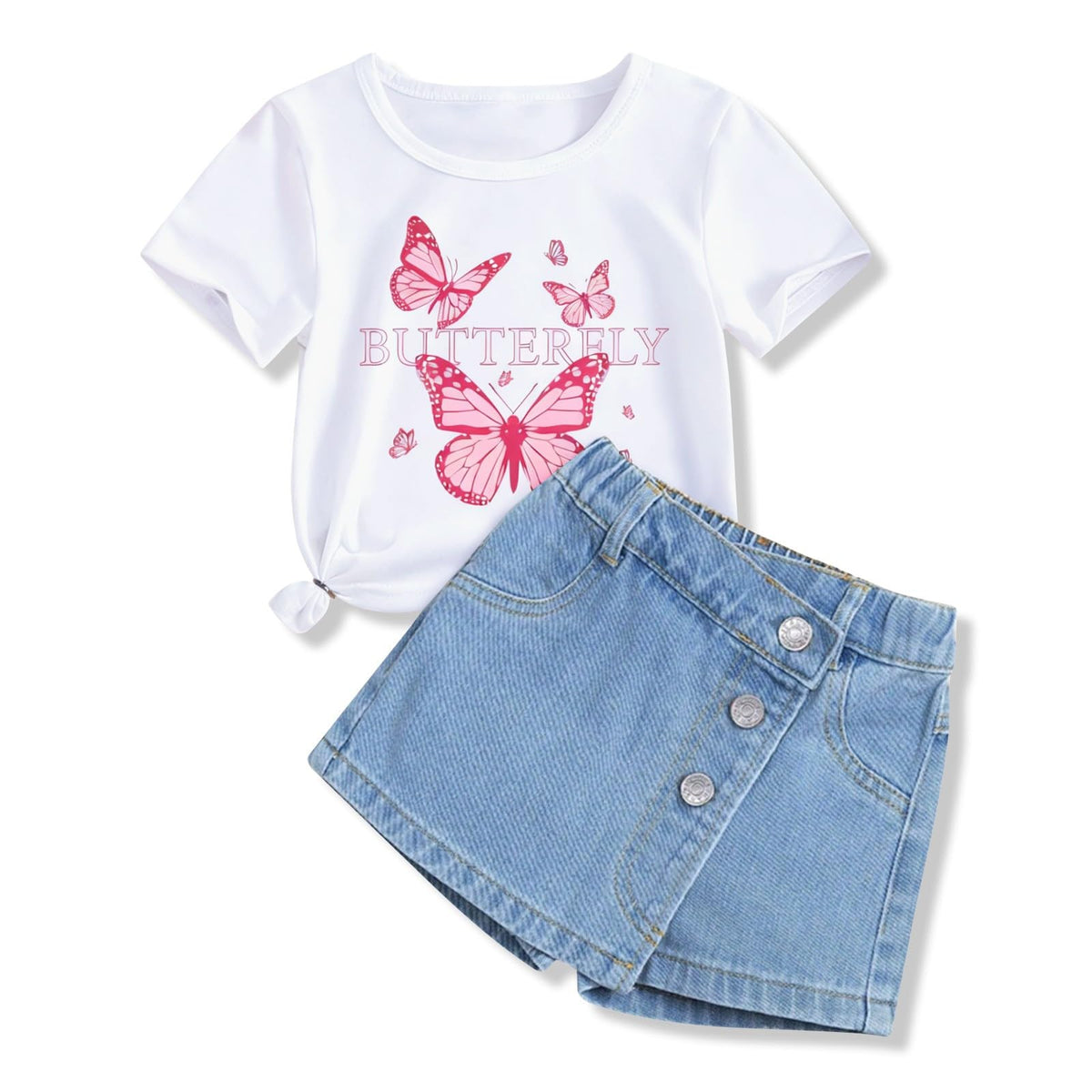 Girls Clothes 2PCS Butterfly Print Short Sleeve T-Shirt Denim Skirt Shorts Set Teen Tween Girls Summer Outfits Set