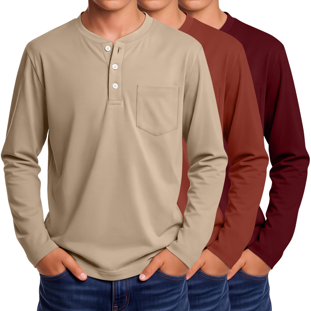 3 Pack Boys' Long Sleeve Shirts Henley Tops