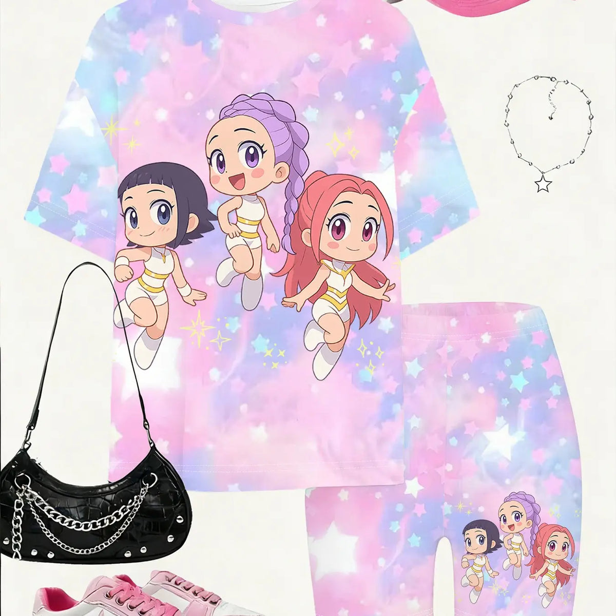 Girls' Summer Group Series T-Shirt Shorts Set, Dreamy Nebula Star Cartoon Print, Casual Streetwear, Perfect Gift for Kids, Outdoor Friendly, Summer Clothes Sets