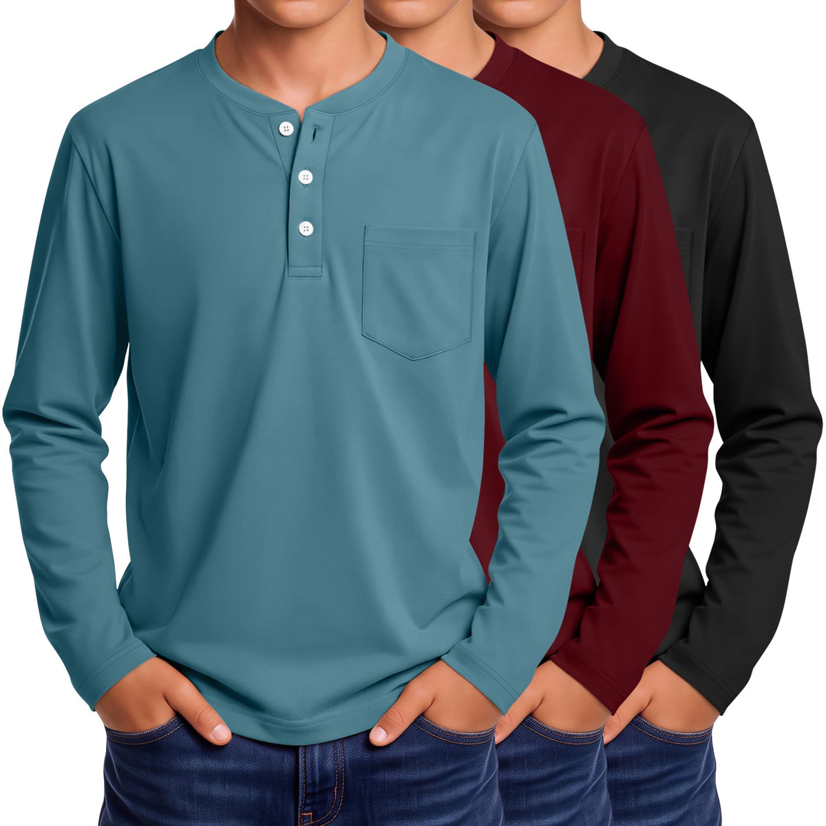 3 Pack Boys' Long Sleeve Shirts Henley Tops