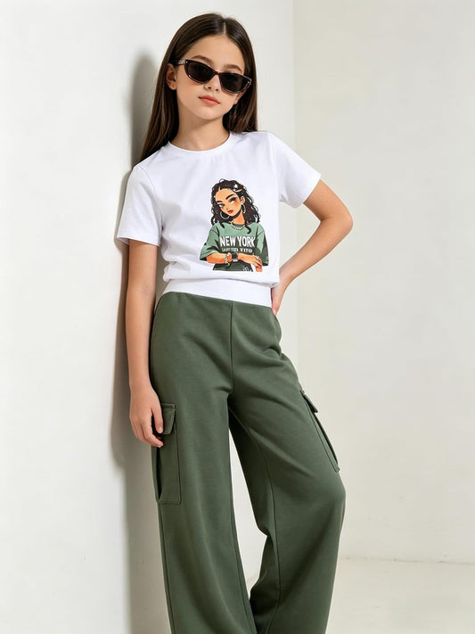 Ayzozuy Kid Girl Clothes Outfits Figure Letter Graphic Tee Top + Flap Pocket Pants 2PC Clothing Set