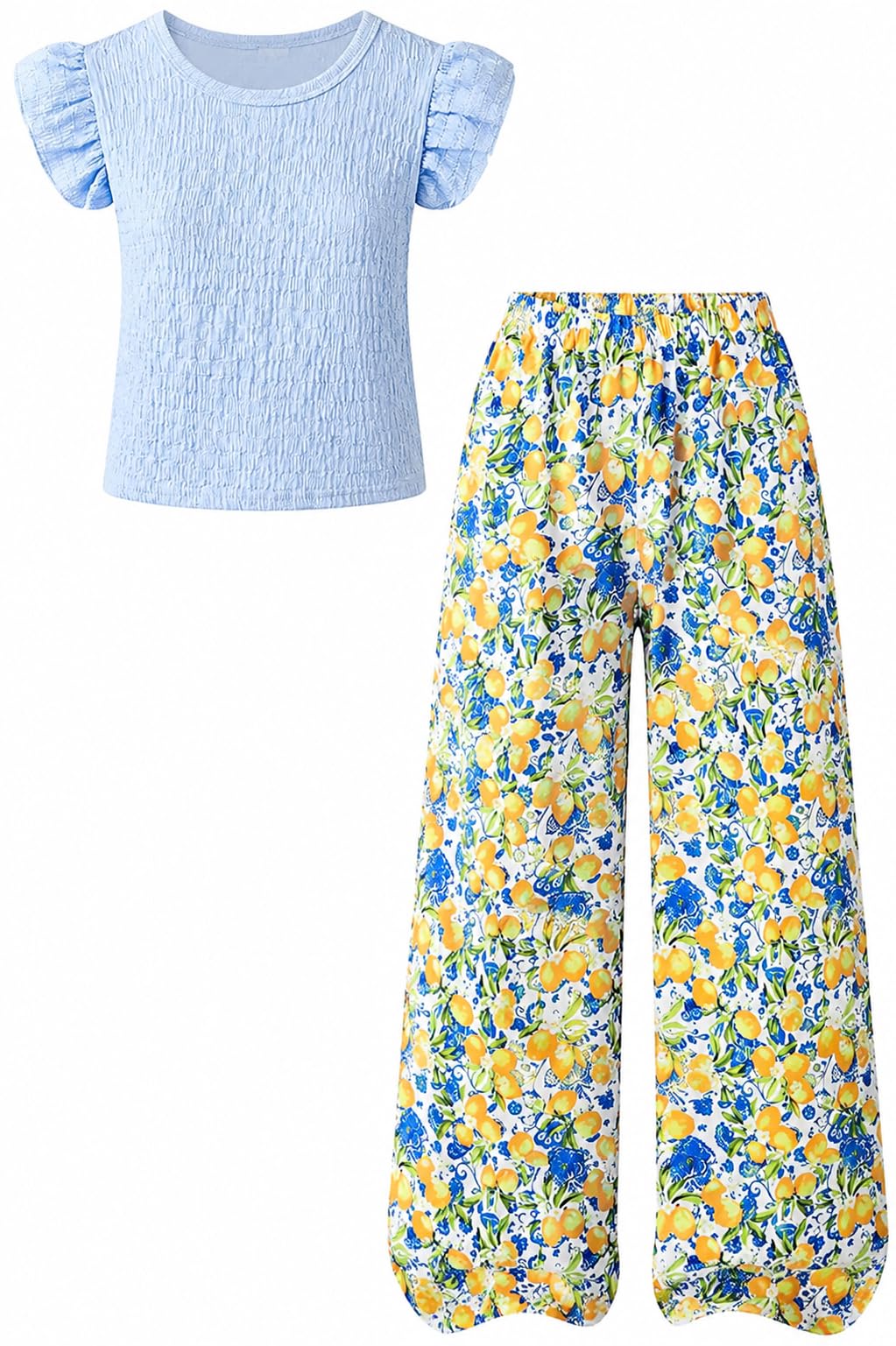 Yoxindax Tween Girls Outfit Set Ruffle Sleeve Smocked Top Floral Print Wide Leg Pants Casual Summer Clothes 7-14 Years