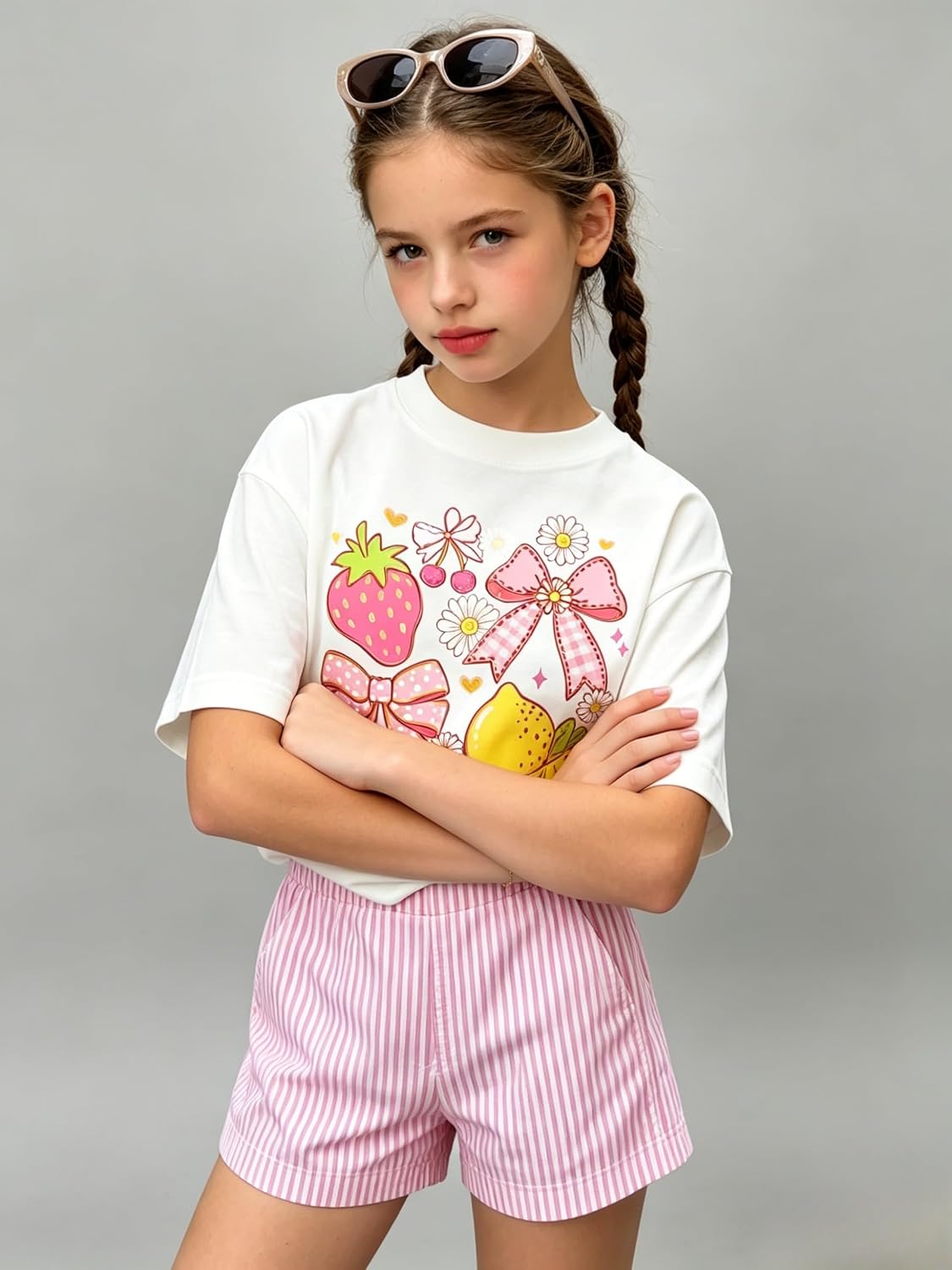 Girls Clothes Summer 2 Piece Outfits Cute Strawberry Lemon Shell Graphic Tee+ Striped Shorts Set Kids Clothing Sets