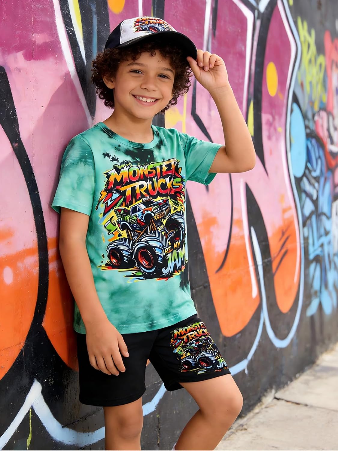 Boys Clothes 2-Piece Summer Outfit 3D Car Print Tie-Dye T-Shirt & Elastic Waist Shorts for Kids Clothing Set 5-11Y