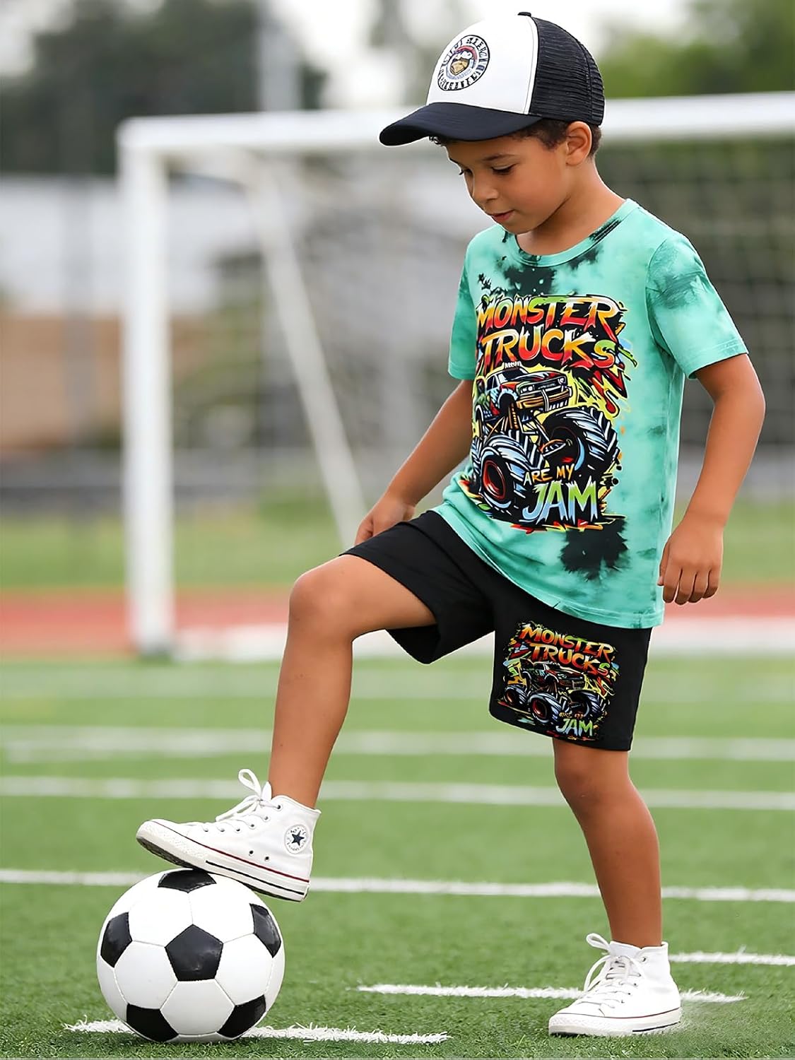 Boys Clothes 2-Piece Summer Outfit 3D Car Print Tie-Dye T-Shirt & Elastic Waist Shorts for Kids Clothing Set 5-11Y