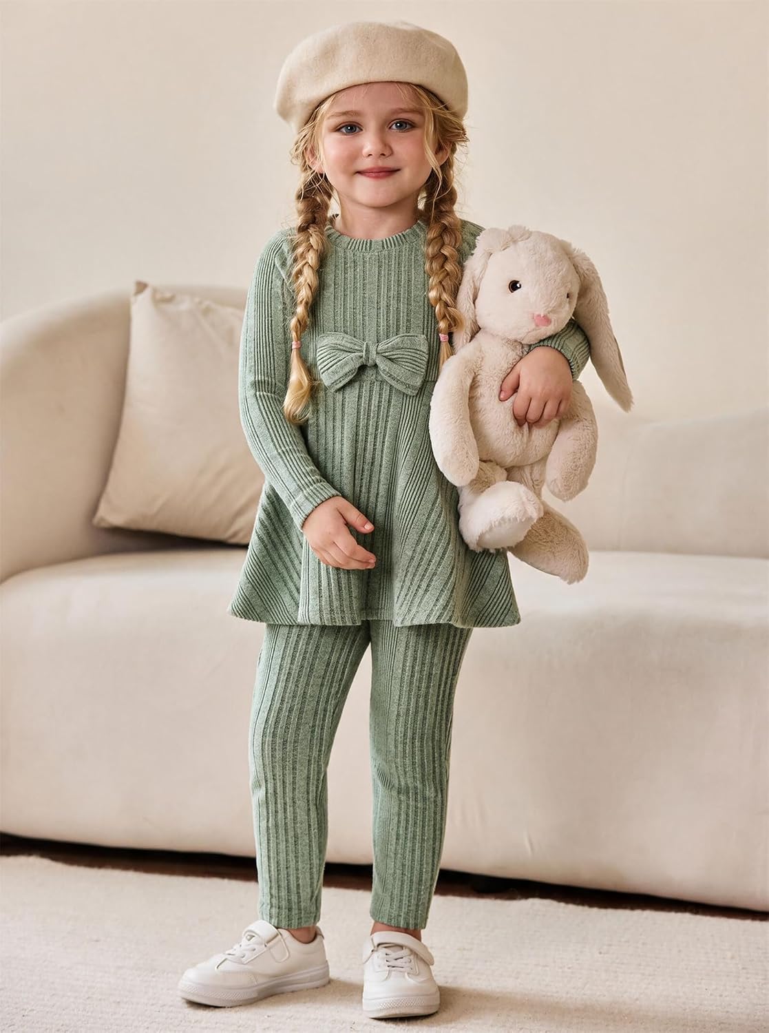Girls 2 Piece Outfits Ribbed Knit Top and Pant Sets Kids Clothes Dailywear