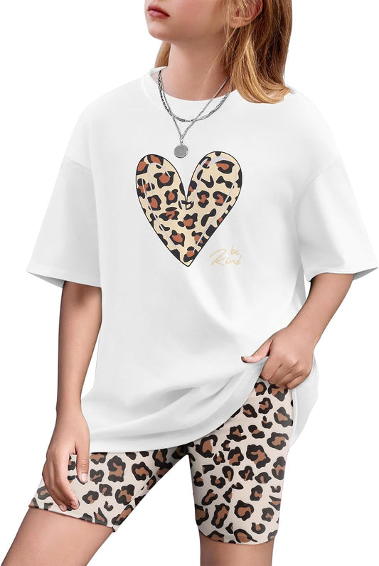 Arshiner Girls 2 Piece Outfit Summer Oversized Tops and Biker Shorts Set
