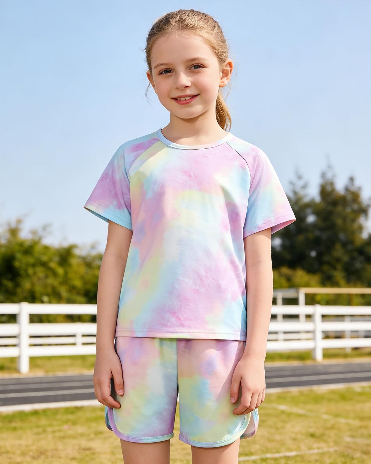 DISAUR Girls Summer Outfits 2 Piece Matching Sets Tie Dye T Shirt and Shorts Set with Pockets for Girls 4-10 Years