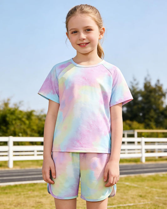 DISAUR Girls Summer Outfits 2 Piece Matching Sets Tie Dye T Shirt and Shorts Set with Pockets for Girls 4-10 Years