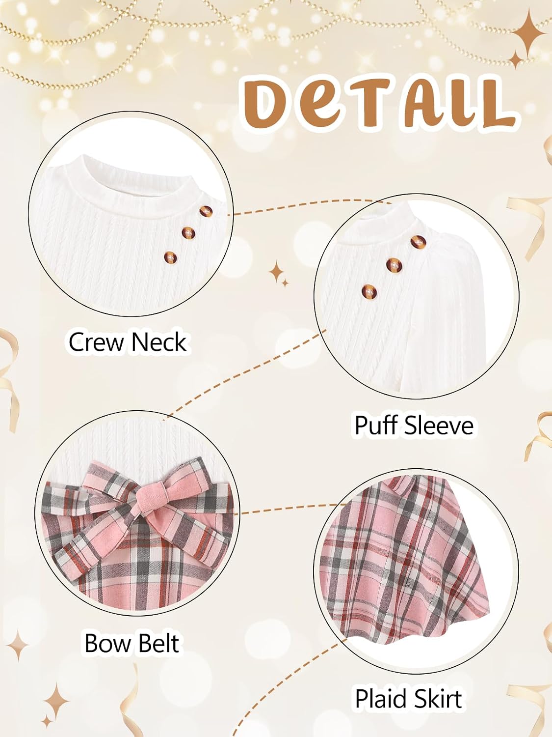 AMAWMW Girls Skirt Sets Fall Outfits Puff Sleeve Crewneck Ribbed Knit Tops and Plaid Skirt Set Kids Fall Winter Clothes
