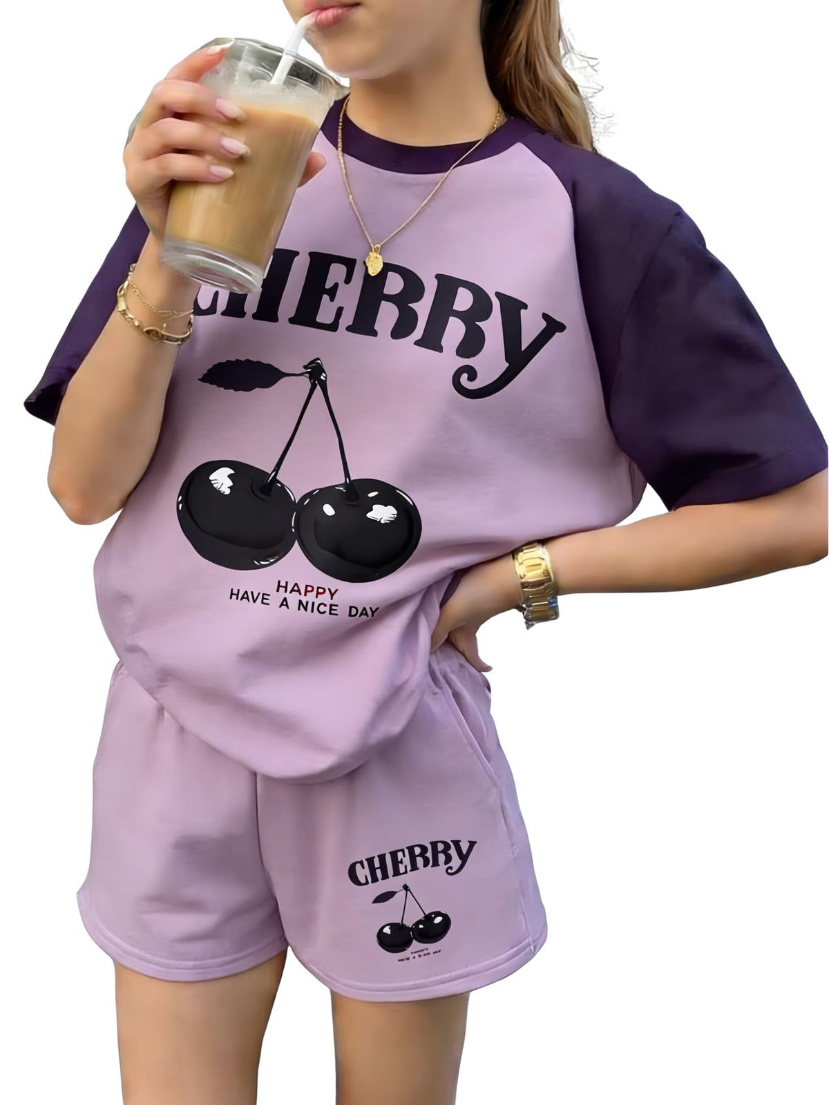 KIDLAGA Girls Two Piece Sets Cherry Pattern Short Sleeve Shirts and Shorts Set With Pockets Girls Summer Outfits Size 7-14