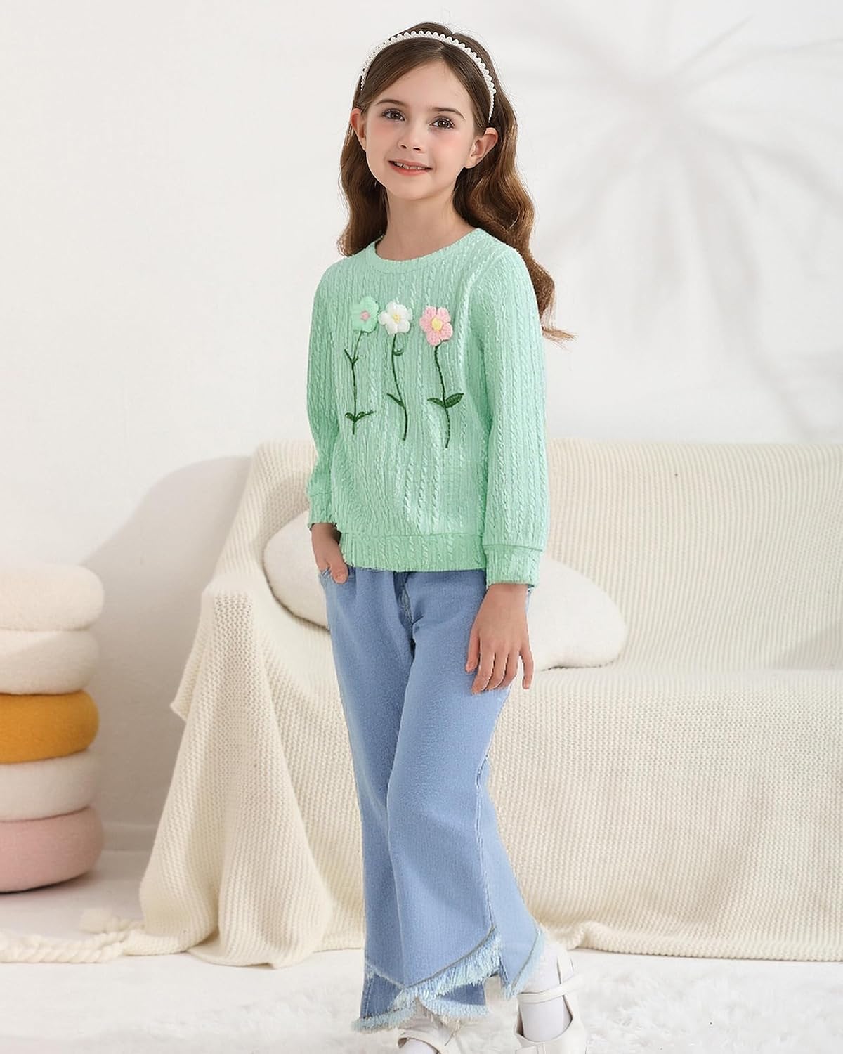 Toddler Girl Clothes Long Sleeve Top and Flare Jeans 2 Piece 2-8Y