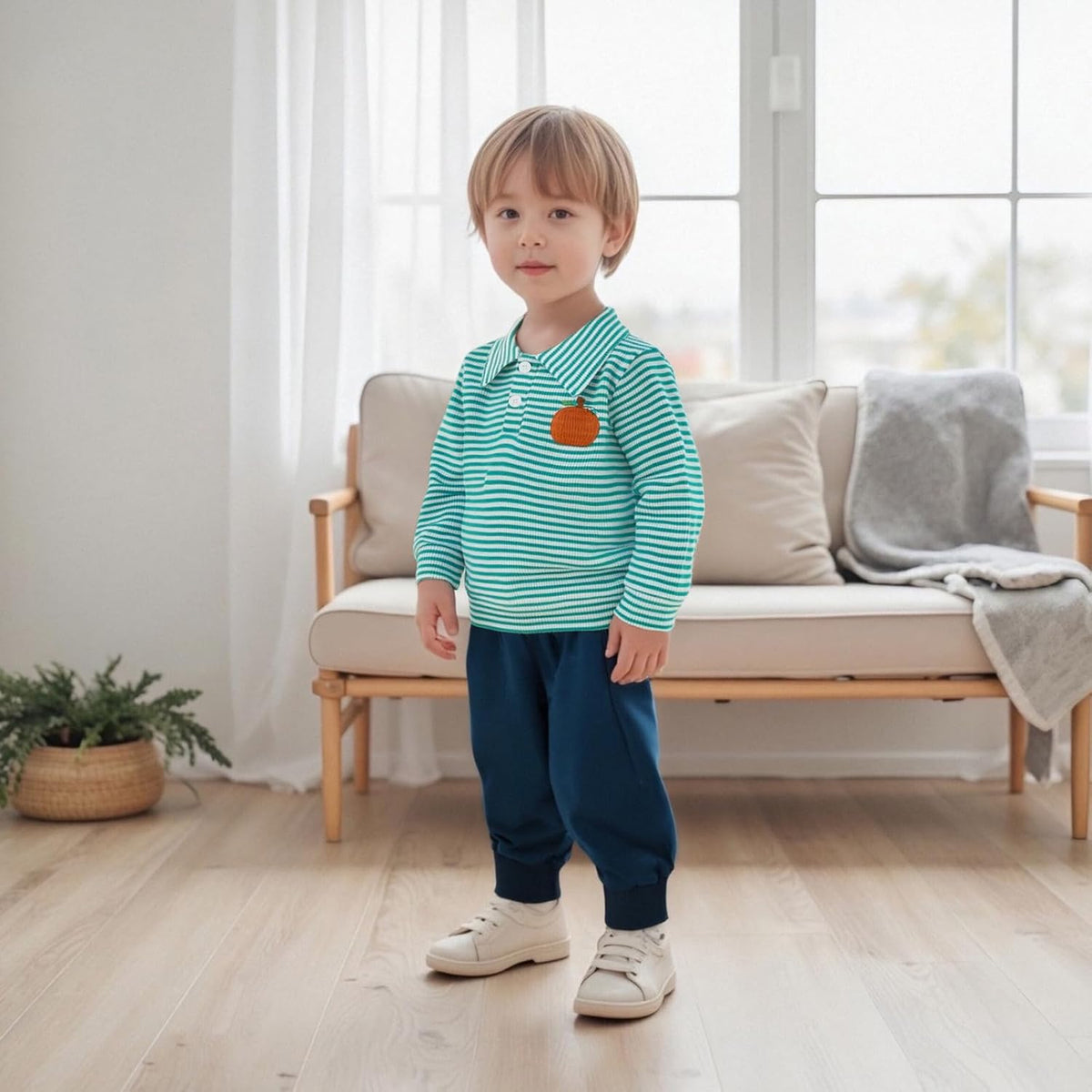 Toddler Baby Boy Halloween Outfit Pumpkin Embroidery Waffle Striped Long Sleeve Polo Shirt Button Up Pullover Top
