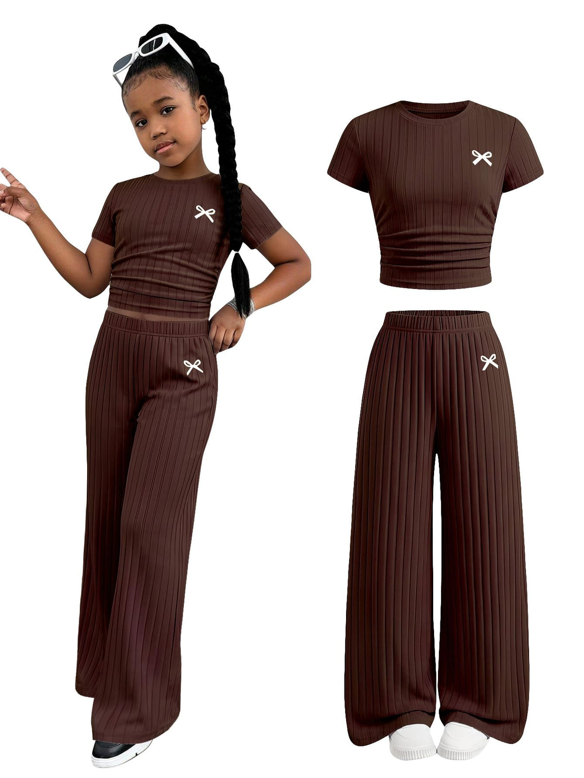 SOLY HUX Girl's Bow Print Short Sleeve T Shirt Pants Outfits