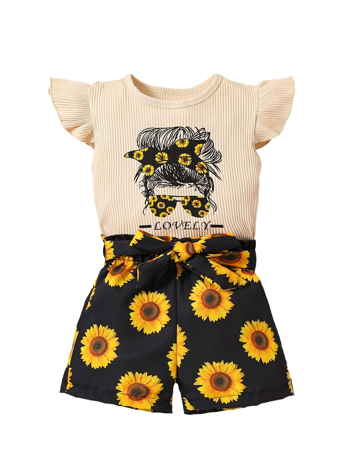 Axumity Kid Toddler Girl Clothes Summer Ruffle Sleeve Figure Graphic Shirt + Shorts Summer Outfits Set