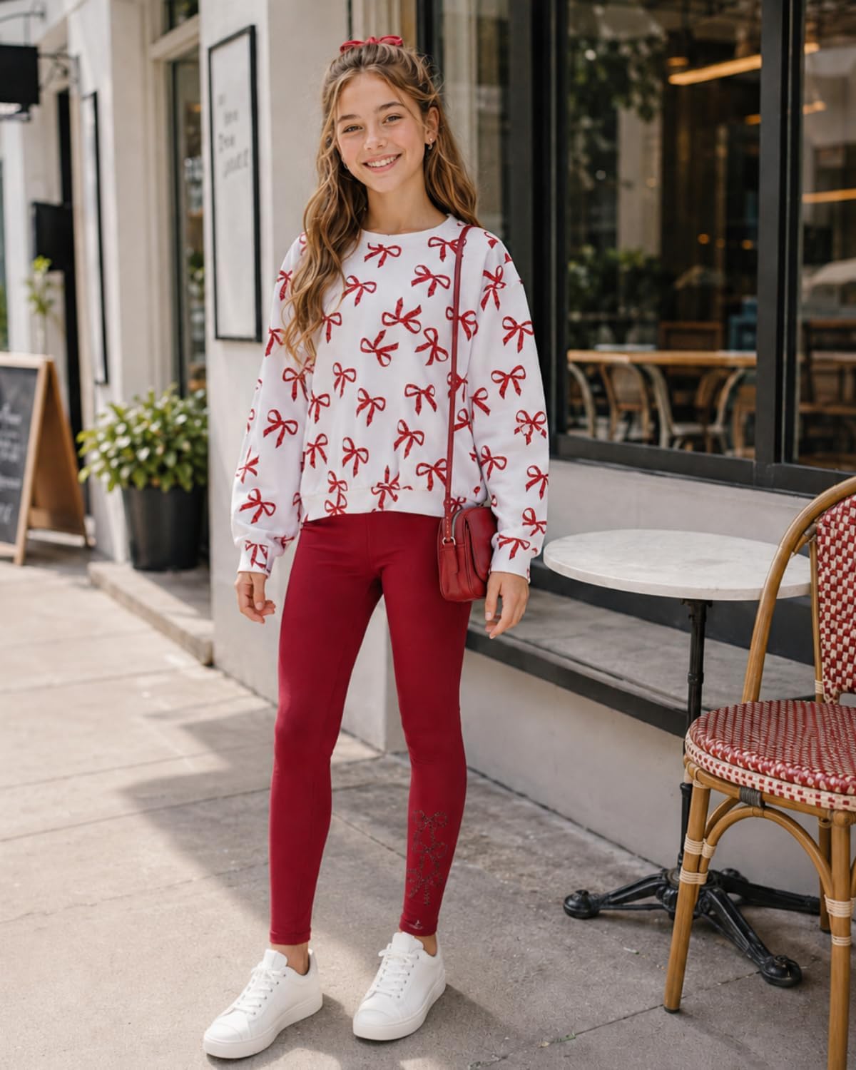 Size 7-14 Years Girls Fall Clothes Long Sleeve Bow Printed Top + Leggings Pants Teen Girls 2 Piece Outfits Set