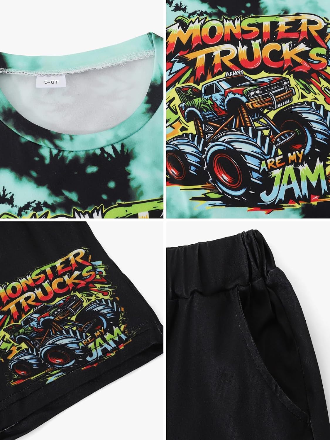 Boys Clothes 2-Piece Summer Outfit 3D Car Print Tie-Dye T-Shirt & Elastic Waist Shorts for Kids Clothing Set 5-11Y