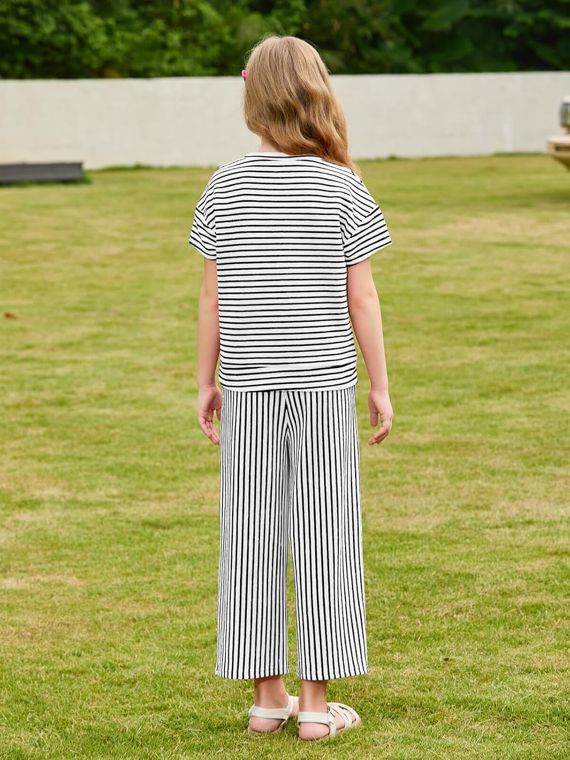 Haloumoning Girls Striped 2 Piece Outfits Short Sleeve T Shirts Wide Leg Pants Matching Lounge Set with Pockets