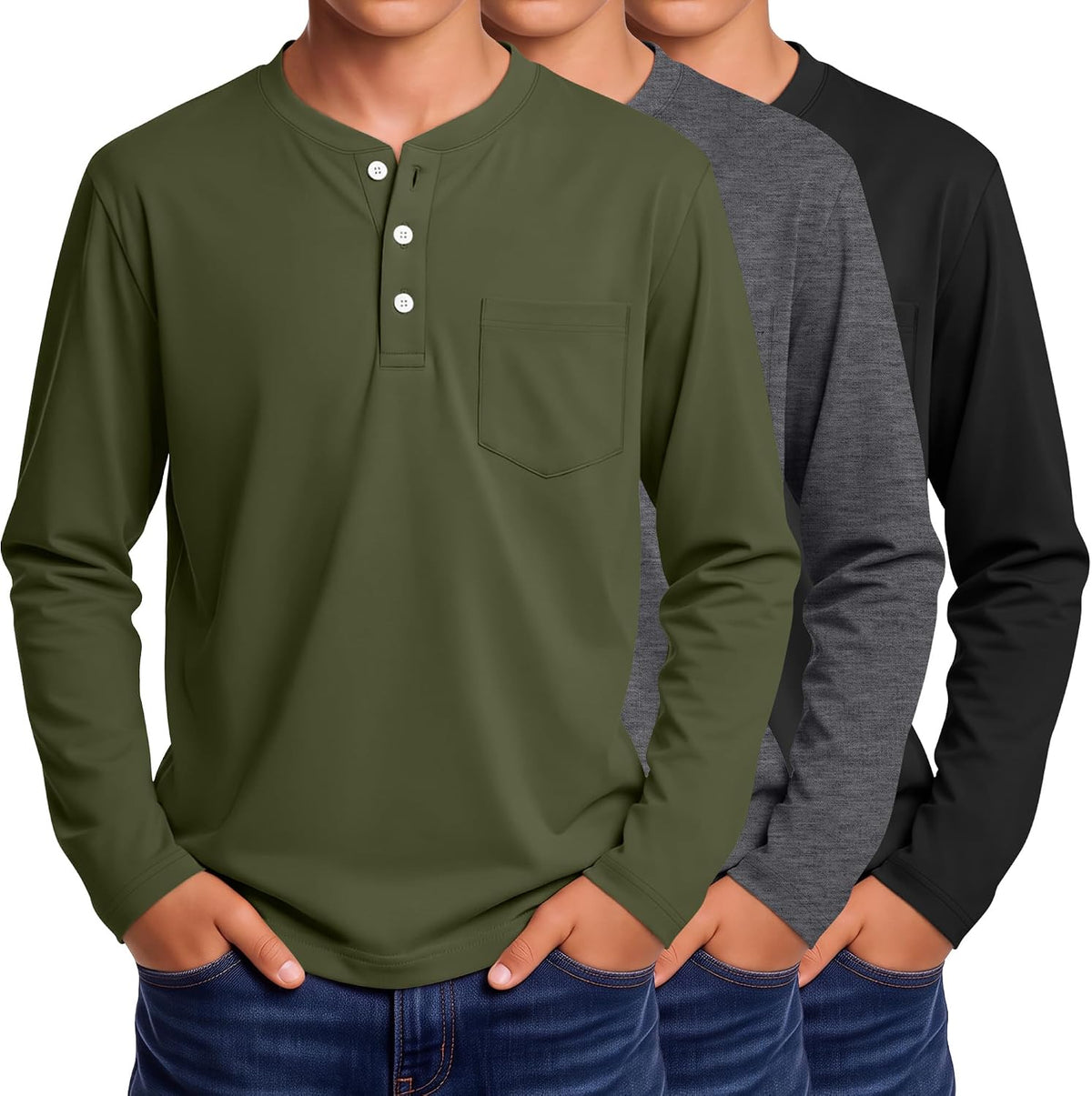 3 Pack Boys' Long Sleeve Shirts Henley Tops