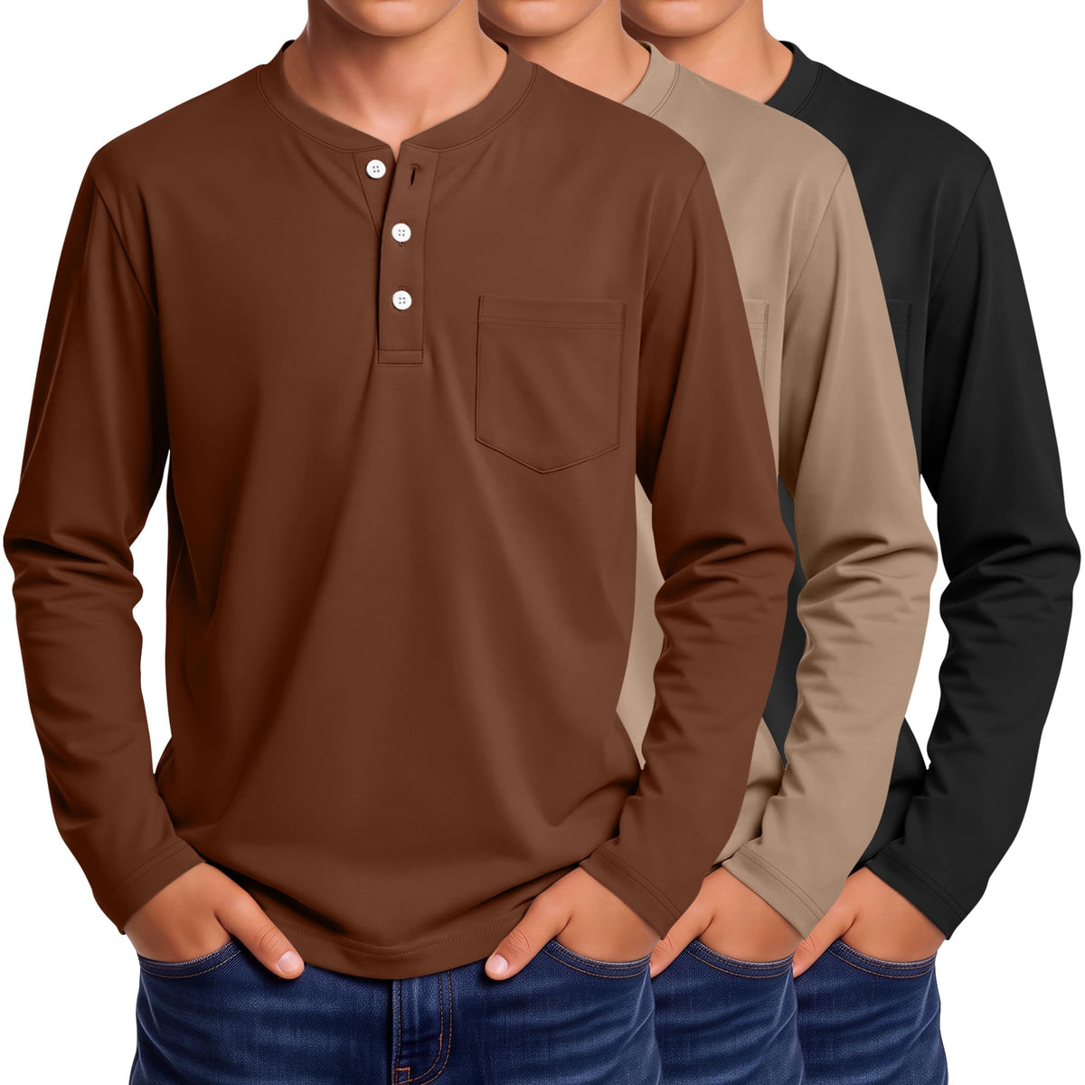 3 Pack Boys' Long Sleeve Shirts Henley Tops