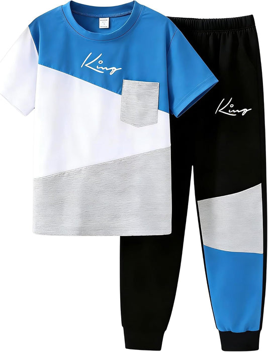 Axumity Tween Boys' 2-Piece Casual Outfit Spring Summer Short Sleeve Crewneck Top & Color Block Pants Size 6-13