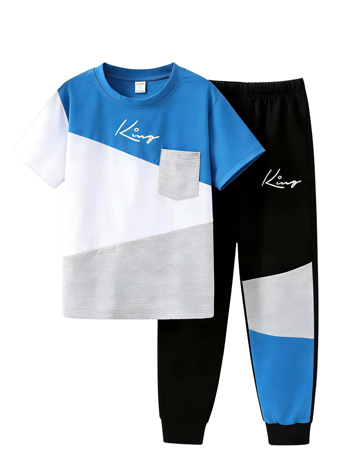 Axumity Tween Boys' 2-Piece Casual Outfit Spring Summer Short Sleeve Crewneck Top & Color Block Pants Size 6-13