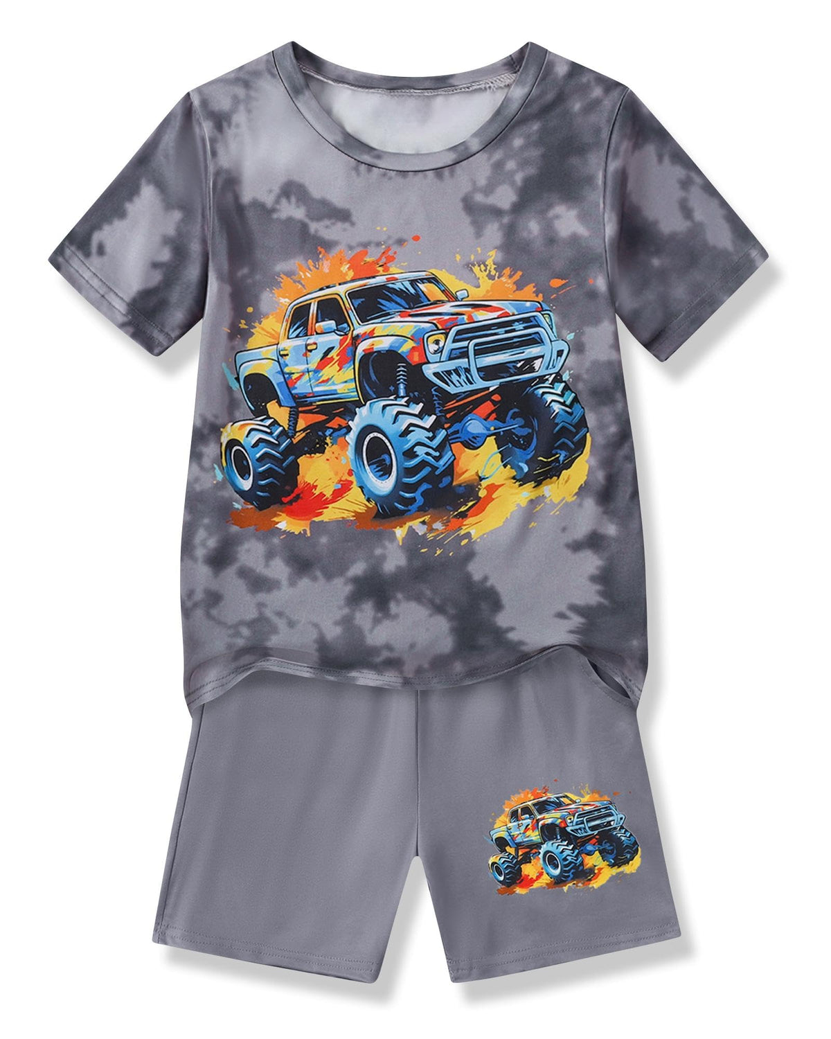 Boys Clothes 2-Piece Summer Outfit 3D Car Print Tie-Dye T-Shirt & Elastic Waist Shorts for Kids Clothing Set 5-11Y
