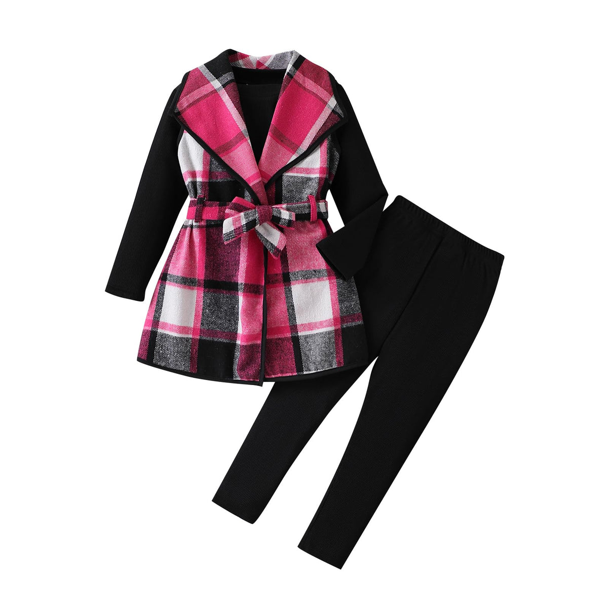 Kid Girls Clothes 3 Piece Outfits Plaid Flannel Belted Vest & Long Sleeve Top and Pants- Fall Clothing Sets