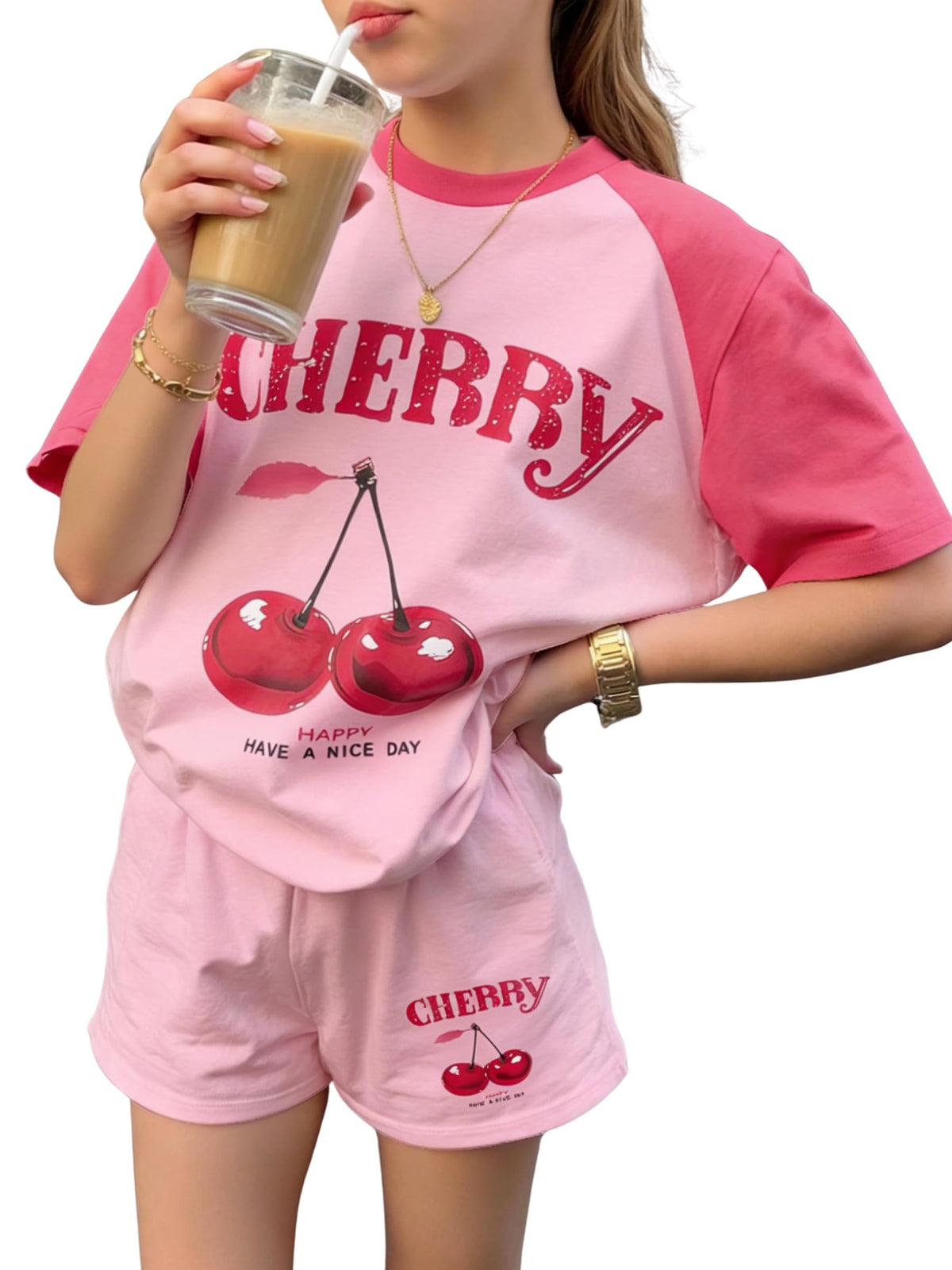 KIDLAGA Girls Two Piece Sets Cherry Pattern Short Sleeve Shirts and Shorts Set With Pockets Girls Summer Outfits Size 7-14