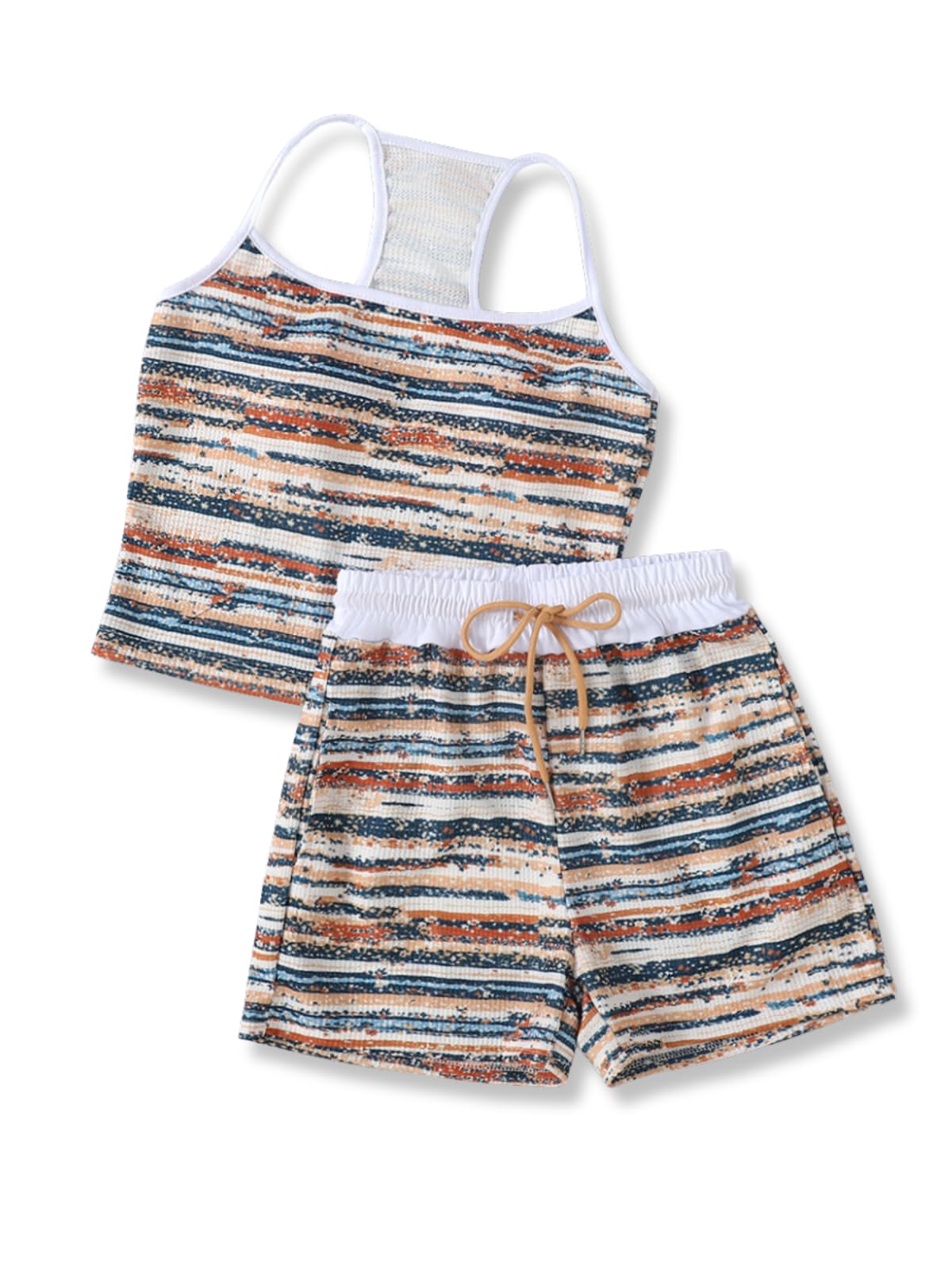 Size 7-14Y Girls Clothes 2 Piece Outfits Striped Tank Top Drawstring Shorts Teen Girls Summer Clothing Sets