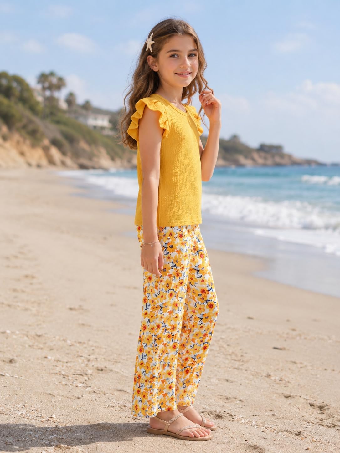 Yoxindax Tween Girls Outfit Set Ruffle Sleeve Smocked Top Floral Print Wide Leg Pants Casual Summer Clothes 7-14 Years
