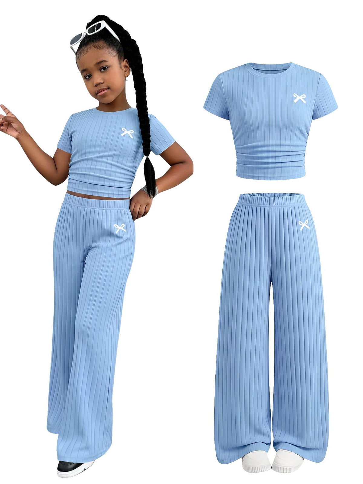 SOLY HUX Girl's Bow Print Short Sleeve T Shirt Pants Outfits