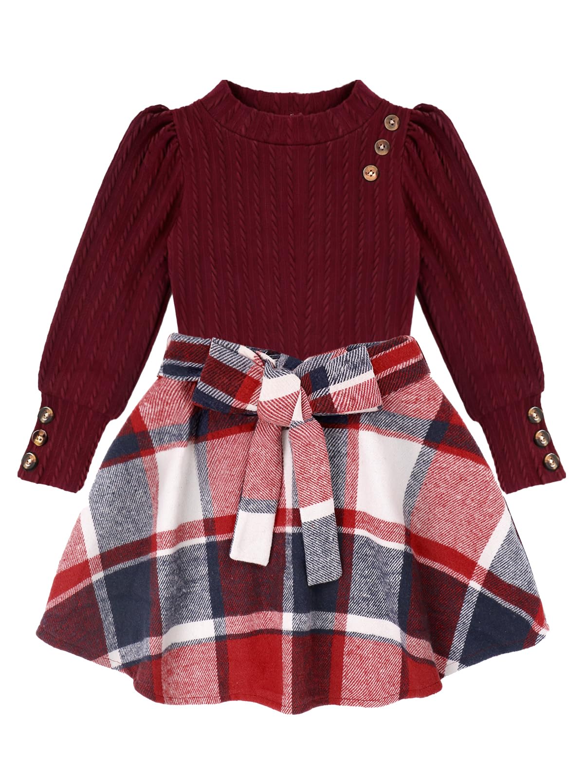 AMAWMW Girls Skirt Sets Fall Outfits Puff Sleeve Crewneck Ribbed Knit Tops and Plaid Skirt Set Kids Fall Winter Clothes