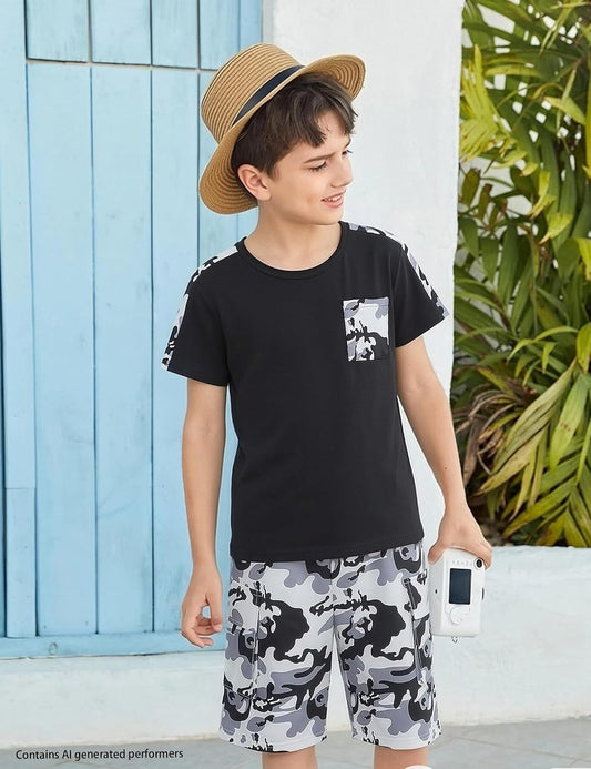mksodopy Boys Summer Outfit Set 2 Piece T Shirt and Camo Shorts Casual Clothes for Little Big Boys
