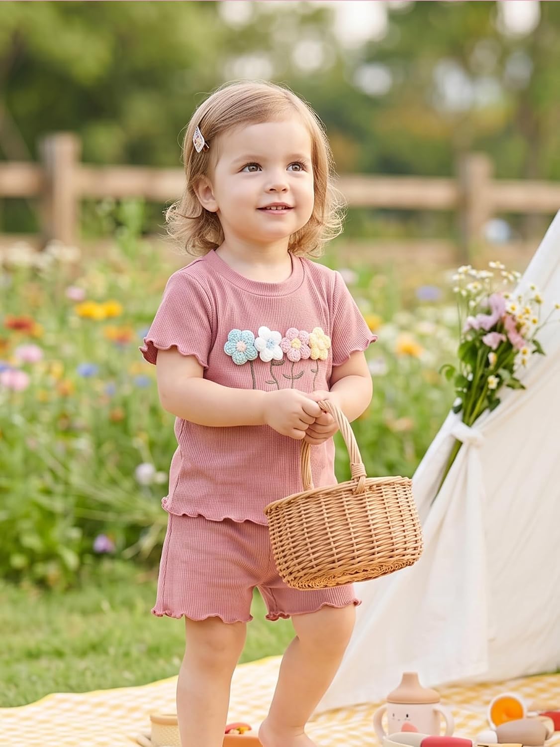 Yvowming Toddler Baby Girl Clothes Outfits,Summer Ruffle Ribbed Flower T Shirt Shorts Set Clothes for Girls