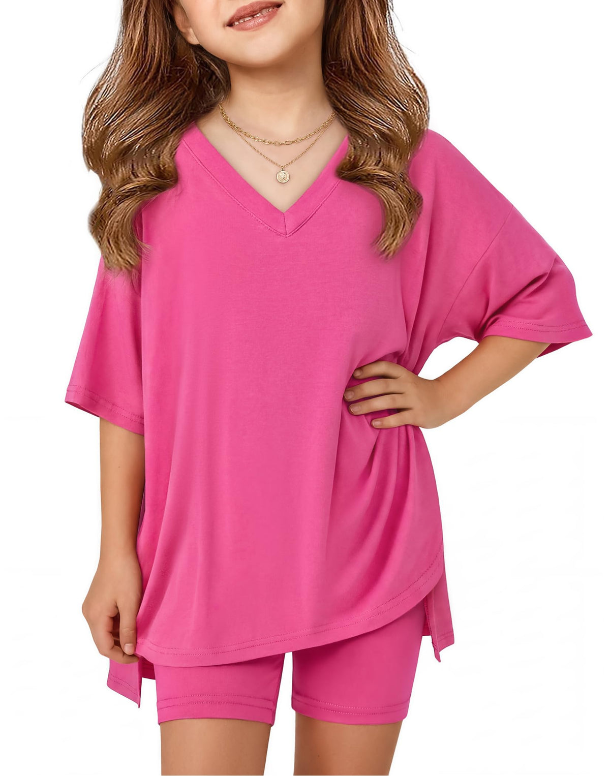 Arshiner Girls 2 Piece Summer Outfits Oversized V Neck Top Shorts Set