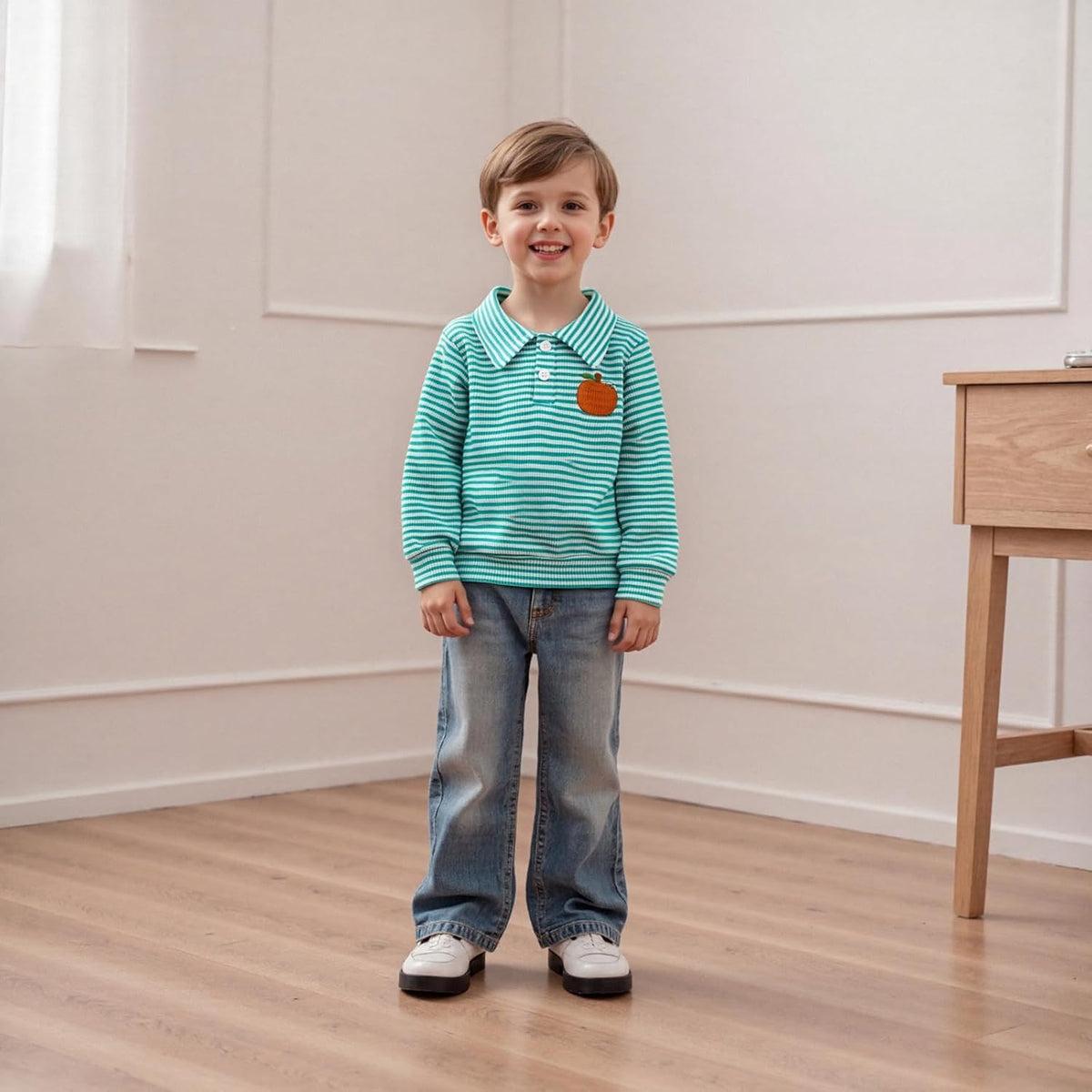 Toddler Baby Boy Halloween Outfit Pumpkin Embroidery Waffle Striped Long Sleeve Polo Shirt Button Up Pullover Top