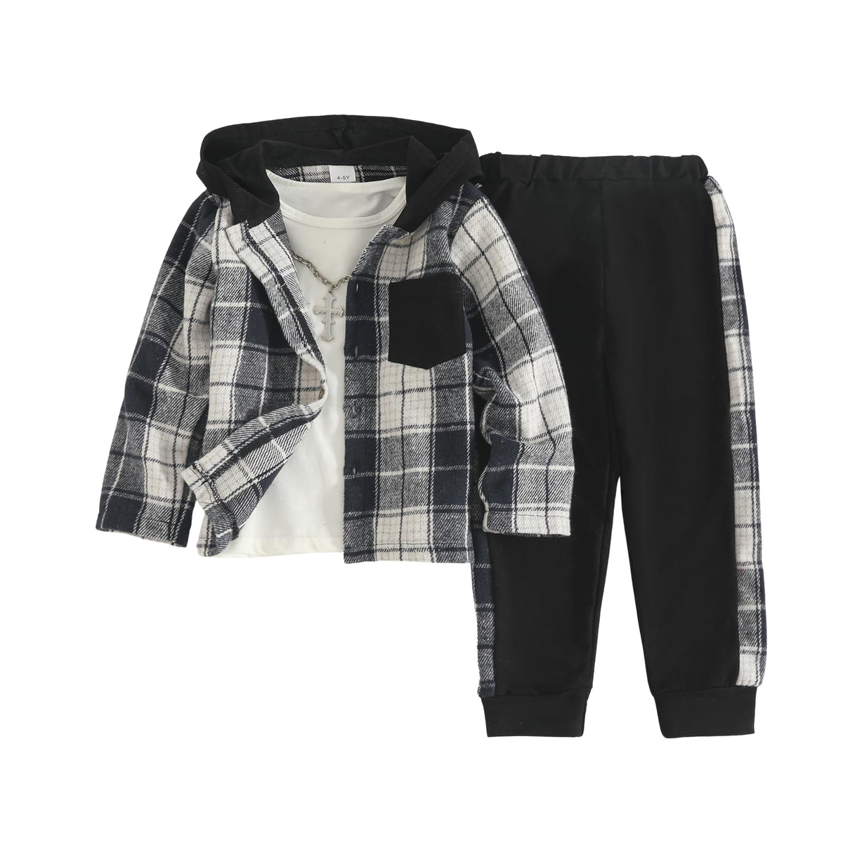 Azmxynol Boys Clothes Plaid Hooded Shirt 2pcs Outfit, Button Front Toddler Fall Winter Hoodie & Sweatpants Set, 4-8 years