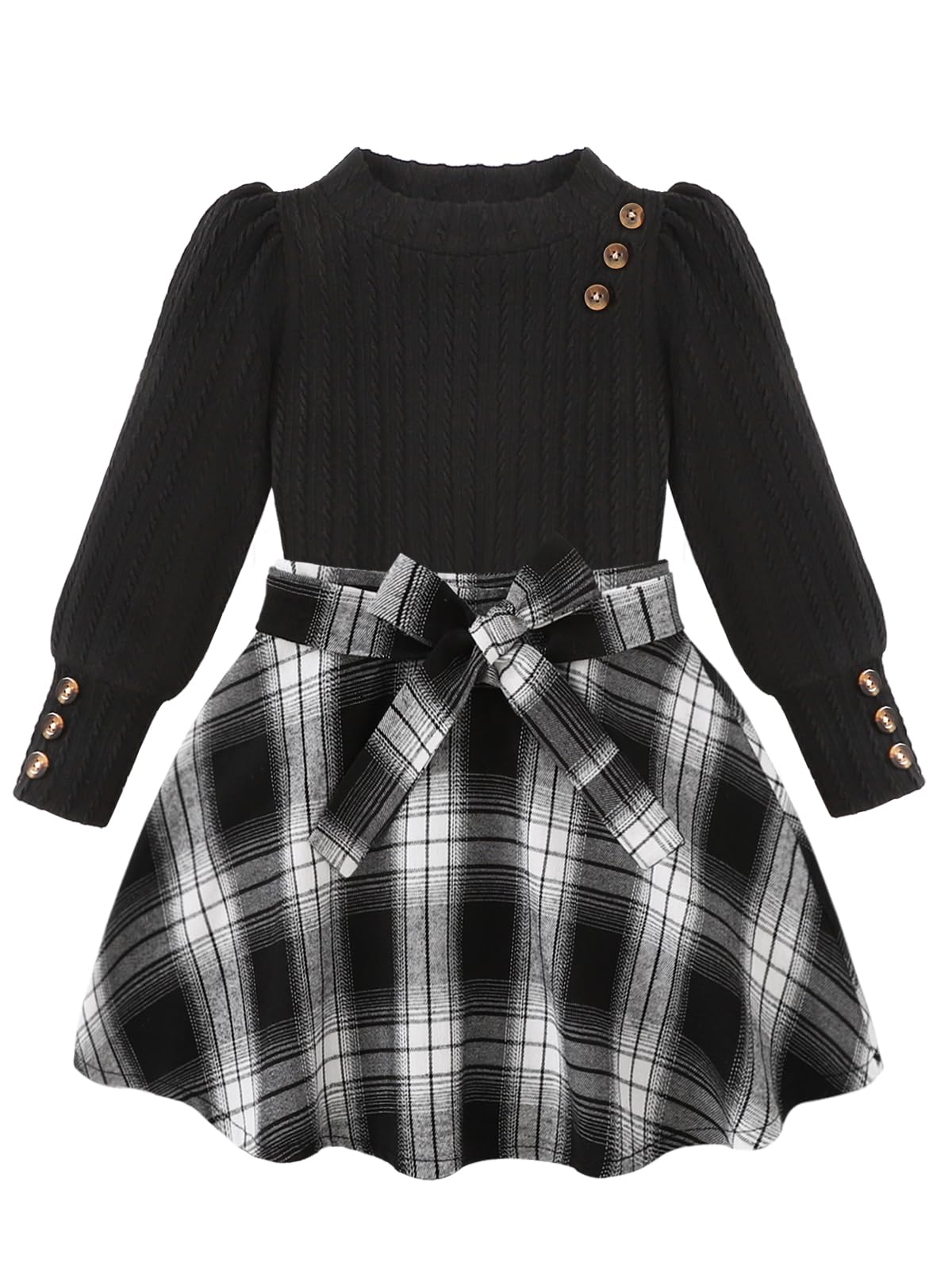 AMAWMW Girls Skirt Sets Fall Outfits Puff Sleeve Crewneck Ribbed Knit Tops and Plaid Skirt Set Kids Fall Winter Clothes