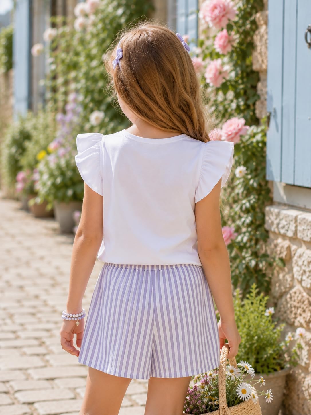 Toddler Girls Clothes Summer Short Sleeve T-Shirt + Striped Skort 2pcs Bow Outfit Set For Girls, Size 4-8 Years